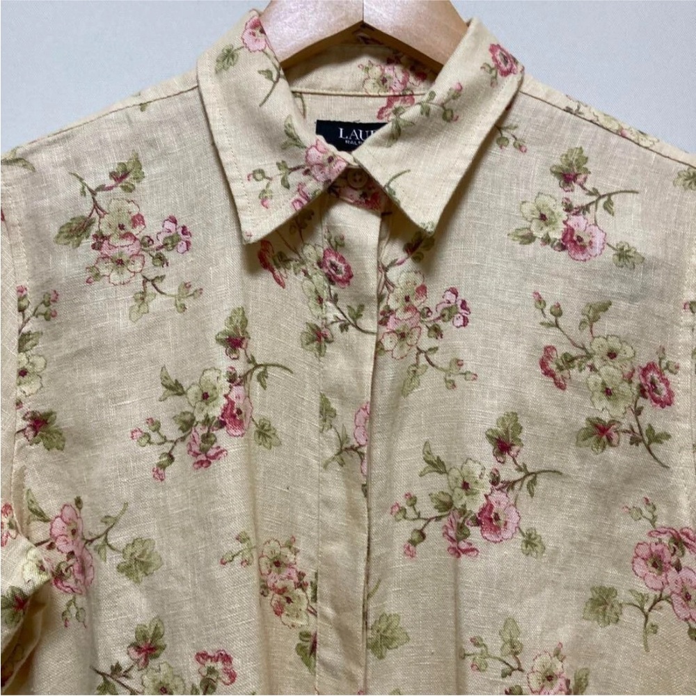 LAUREN RALPH LAUREN Floral Flare Shirt Dress Women Linen Front Knot 3/4 sleeve - Picture 6 of 8